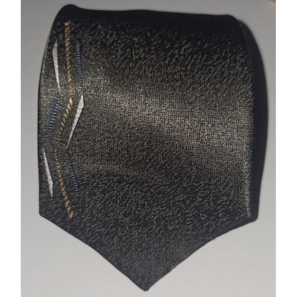 Pierre Cardin Mens Silk Necktie Black Textured Embroidered Abstract Wave Pattern